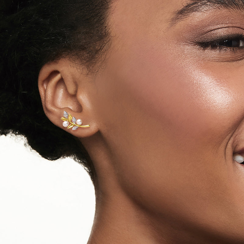 3.5-4mm Cultured Pearl Leaf Ear Climbers with Diamonds in 14kt Yellow Gold