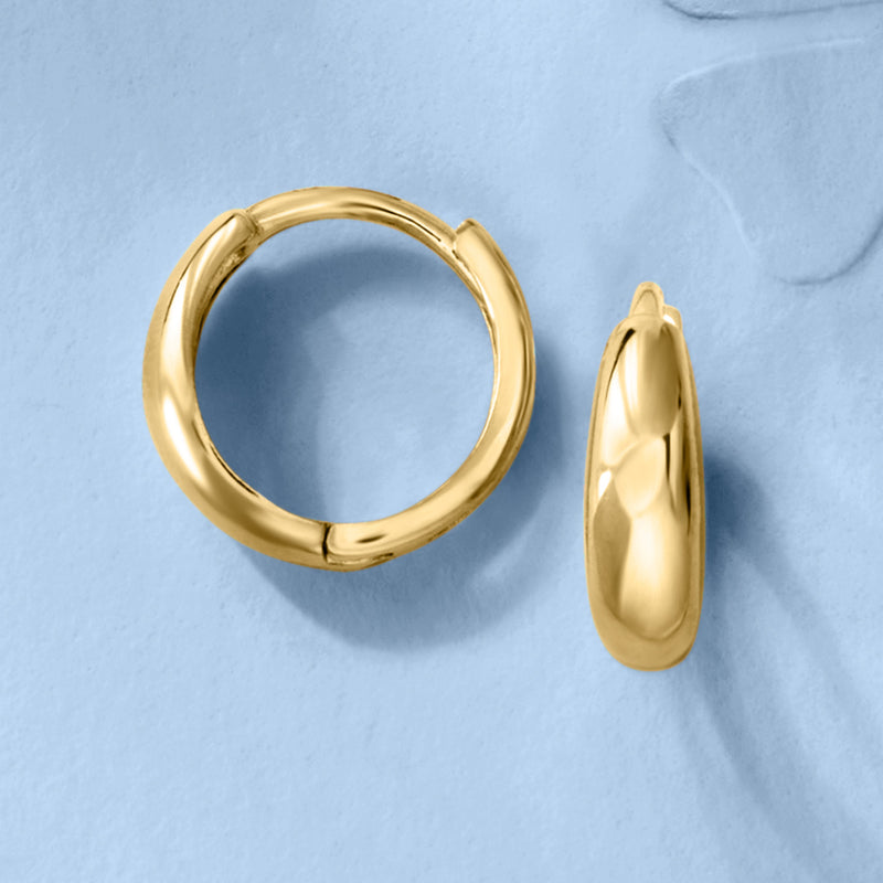 Yellow gold huggie hoop earrings, round hinged hoops shown from front and side