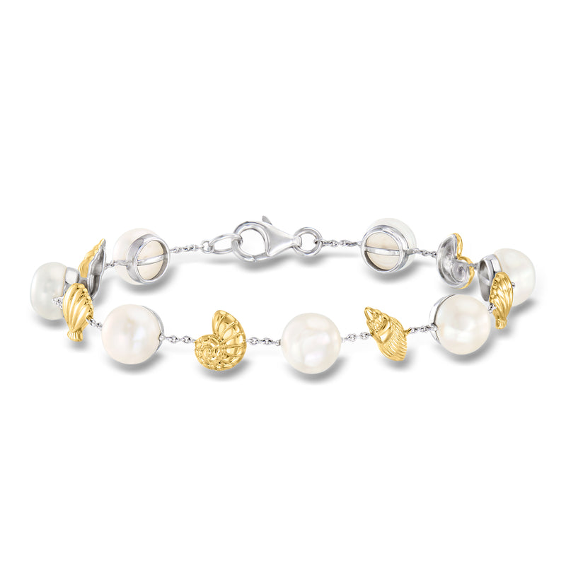 Cultured pearl seashell bracelet with sterling silver chain and gold-accented seashell charms