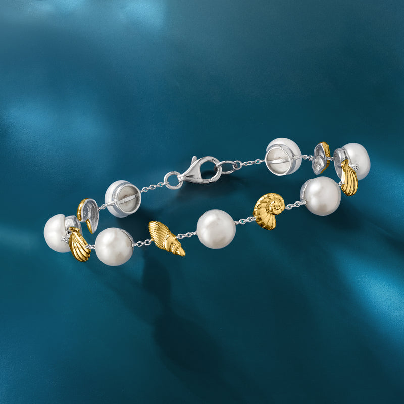 Pearl seashell bracelet in sterling silver with gold over sterling seashell and white bead links
