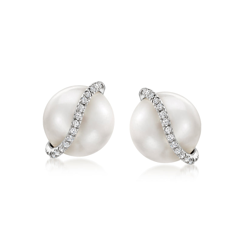 Sterling silver pearl post earrings with diamond swirl band, 8–8.5mm