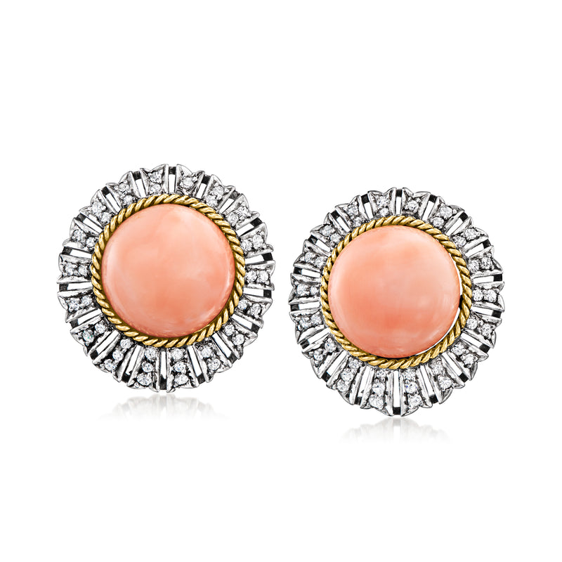 Vintage coral-pink cabochon stud earrings with diamond-like stone halo in silver