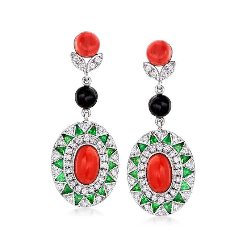 Red coral & black onyx drop earrings with oval red stone, green accents, diamond halos