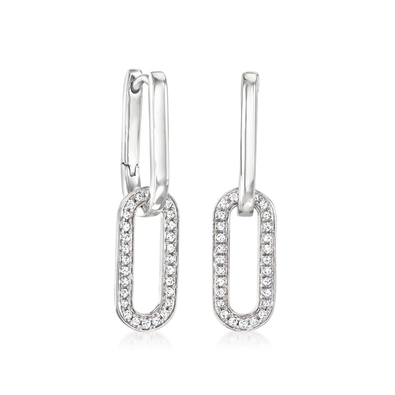 Sterling silver diamond paper clip link drop earrings with oval pavé links
