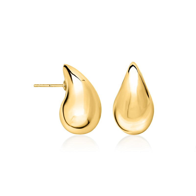 Polished 14kt yellow gold teardrop drop earrings, front view with stud posts