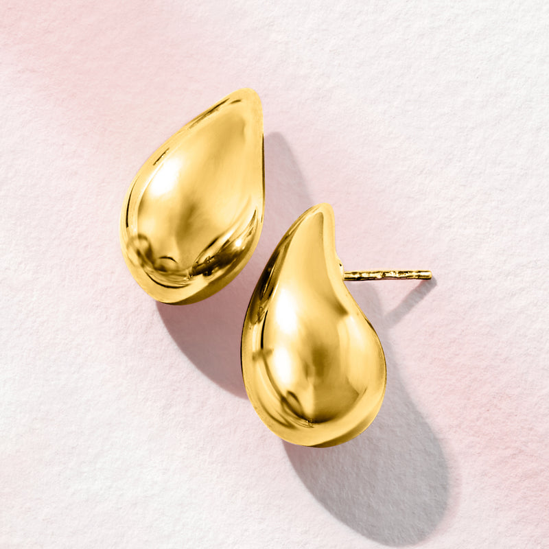 14kt yellow gold teardrop drop earrings, angled view with hook stud backings