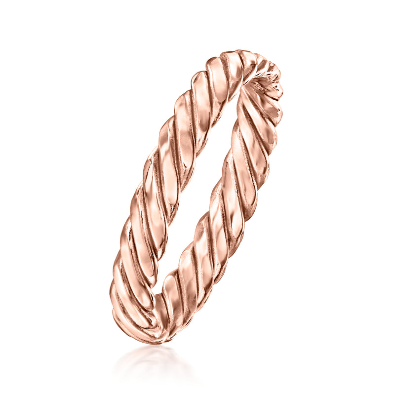 Rose gold twisted ring shown from side, braided rope texture