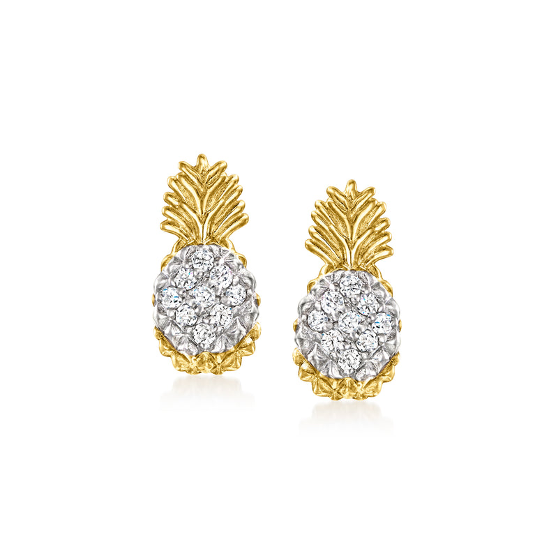 14kt yellow gold pineapple diamond stud earrings with round stone cluster