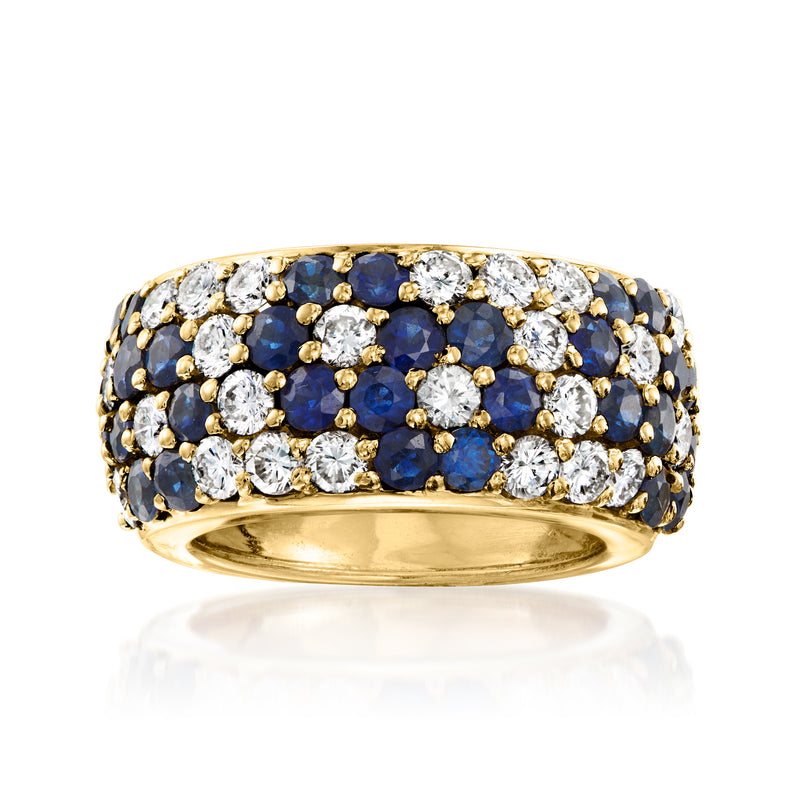 18k yellow gold ring with blue sapphire and round diamond flower cluster rows