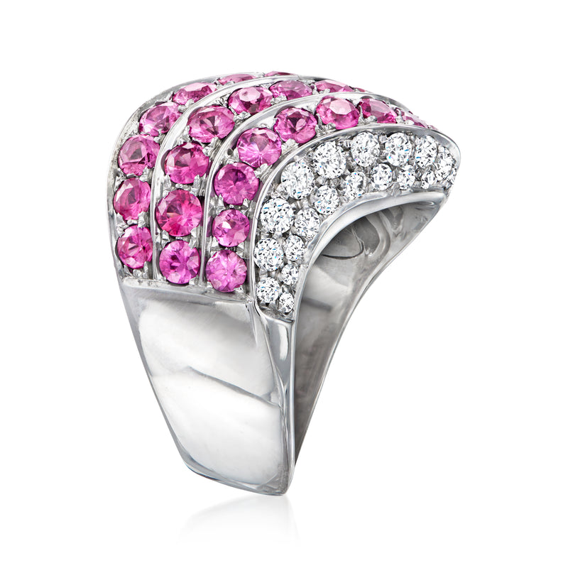 Vintage 18kt white gold wave ring with pink rubies and diamonds