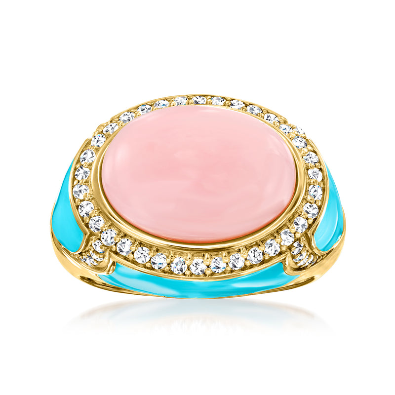 18kt gold over sterling ring with pink oval opal, diamond-like halo, turquoise enamel sides