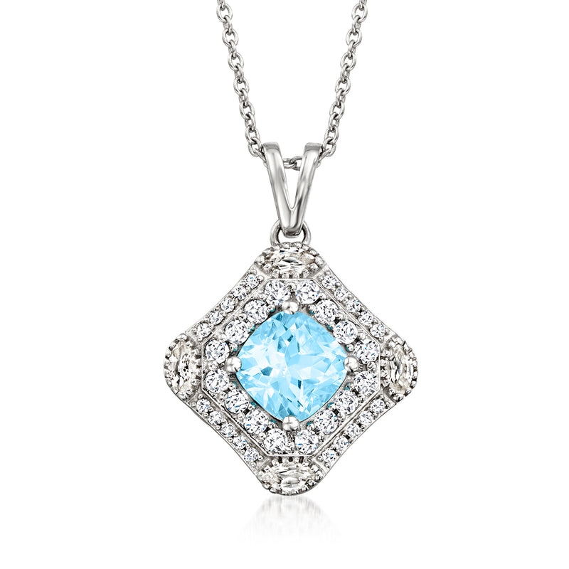 Sterling silver pendant necklace: sky blue oval topaz in square white stone halo