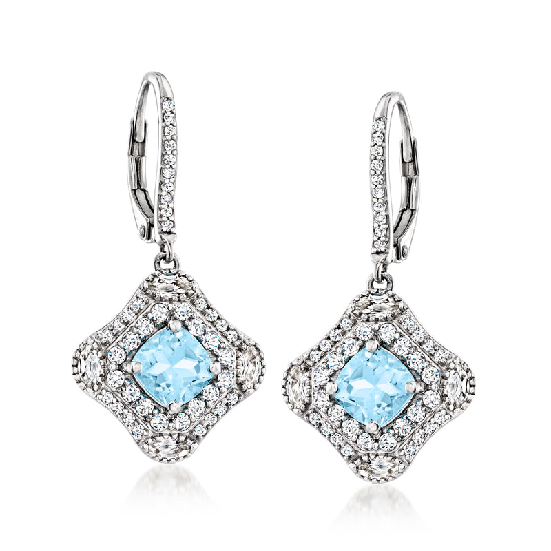 Sterling silver leverback drop earrings with light blue topaz square and white stone halo