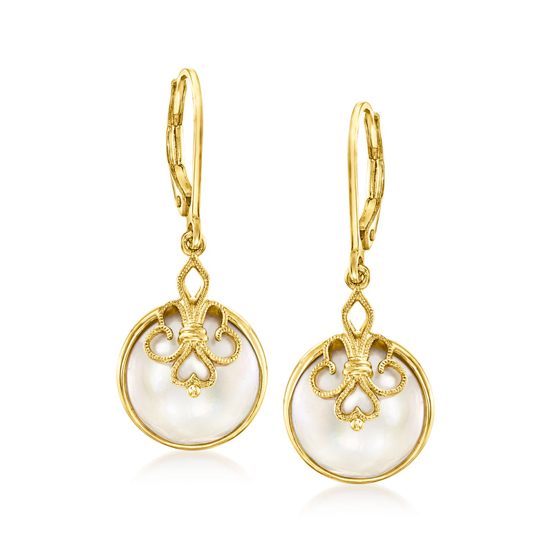 Gold leverback drop earrings with white mabe pearl and filigree crown setting