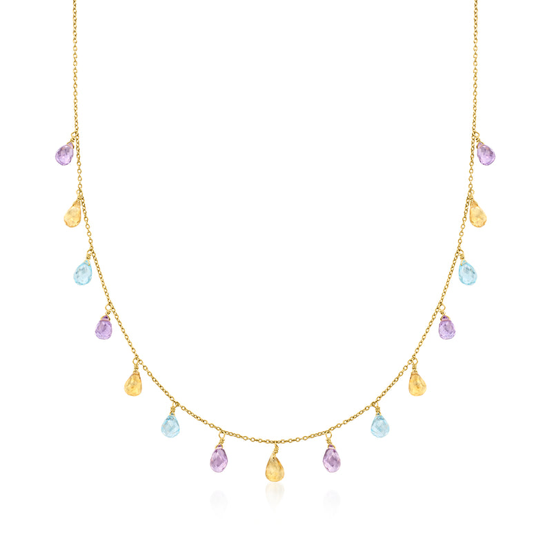 18kt gold over sterling teardrop charm necklace with dangling amethyst, blue topaz, citrine beads
