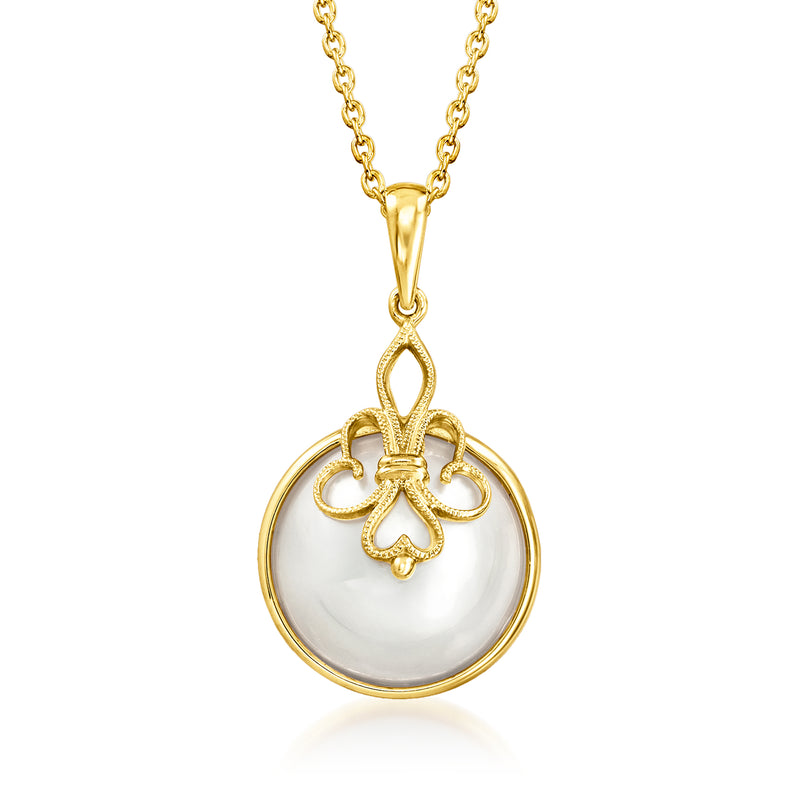 Gold over sterling pendant necklace with round mabe pearl and filigree bail, link chain