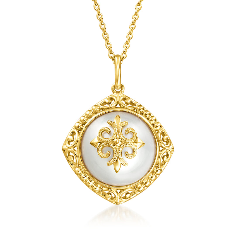 Gold over sterling pendant necklace with round mabe pearl in filigree frame