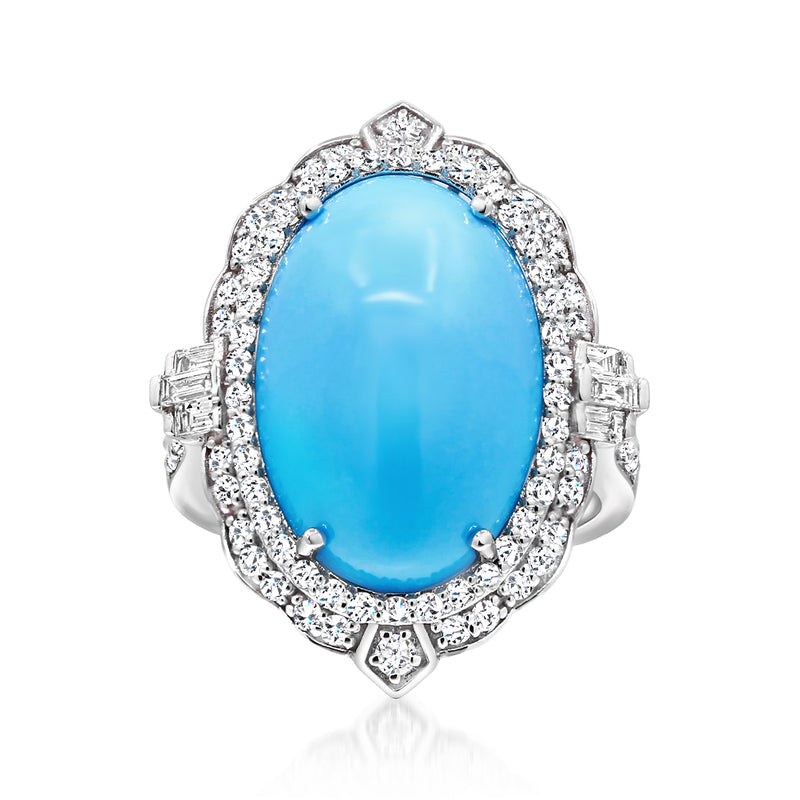 Turquoise oval diamond halo ring in 14k white gold, with side baguette diamonds