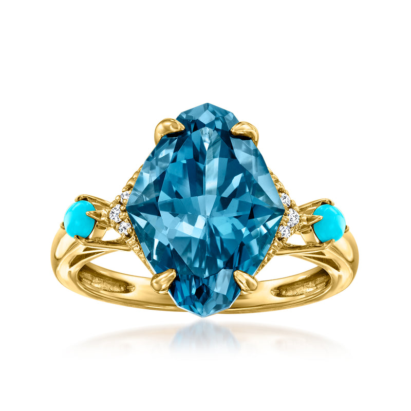 14kt yellow gold ring with large London blue topaz, turquoise accents, and diamond details