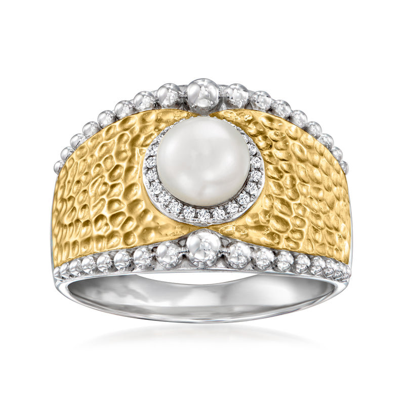 Cultured pearl and diamond beaded ring with hammered gold top, sterling silver band