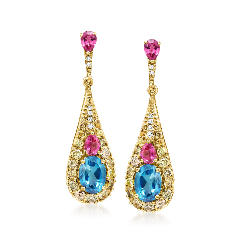 14kt yellow gold drop earrings with blue topaz teardrops, pink accents, and clear diamonds