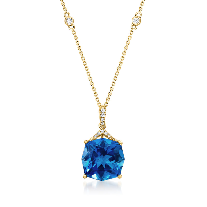 14kt yellow gold pendant necklace with cushion-cut blue topaz and diamond halo