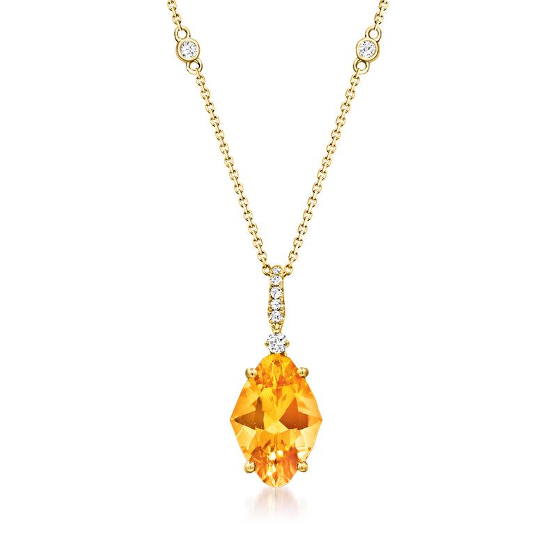14kt yellow gold citrine pendant necklace with diamond halo and cable chain