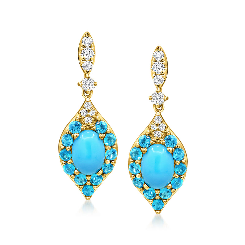 Turquoise oval drop earrings in 14kt yellow gold with diamond halo and teardrop setting
