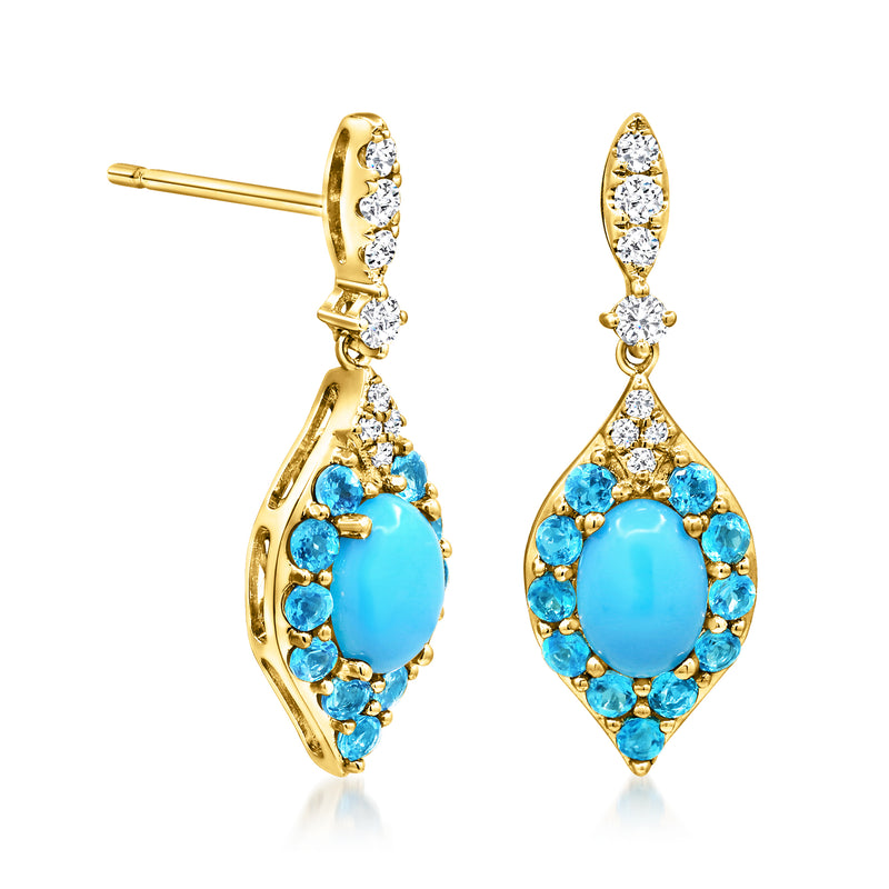Turquoise oval drop earrings in 14kt yellow gold with diamond halo, post-and-drop view
