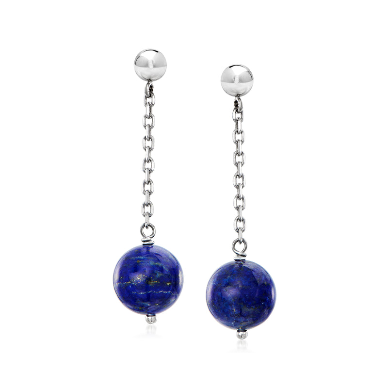 Sterling silver drop earrings with blue lapis round beads and chain links
