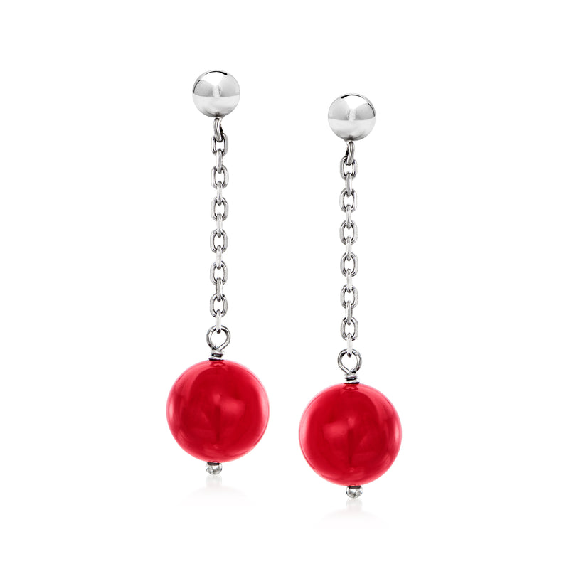 Sterling silver drop earrings with red coral bead dangles and linked chain