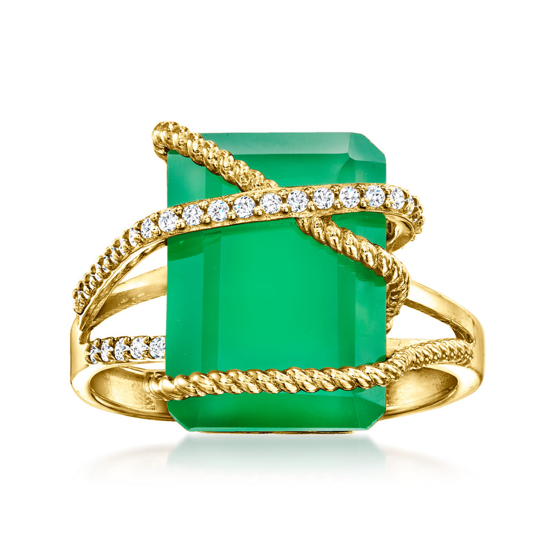 14kt yellow gold ring with green chalcedony cushion center and diamond halo, twisted band