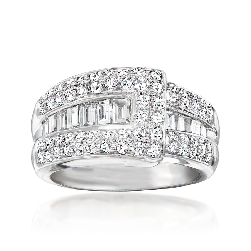 14kt white gold diamond wrap ring with rectangular-cut center and side diamonds