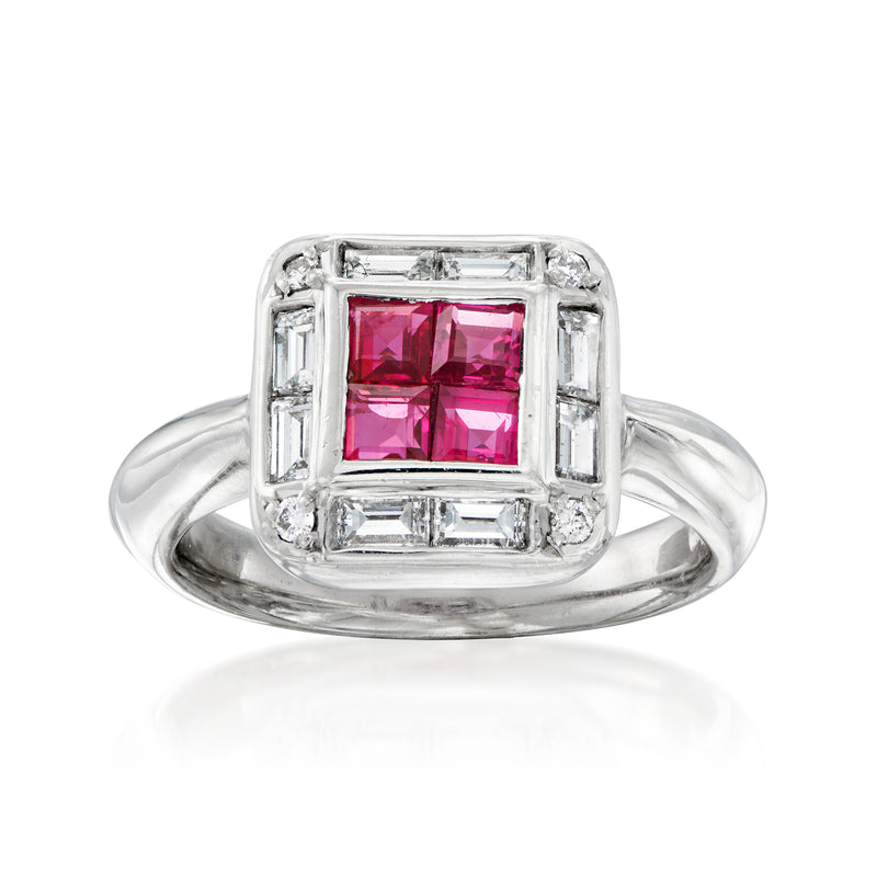 Platinum vintage ring with square pink ruby center and baguette diamond side stones