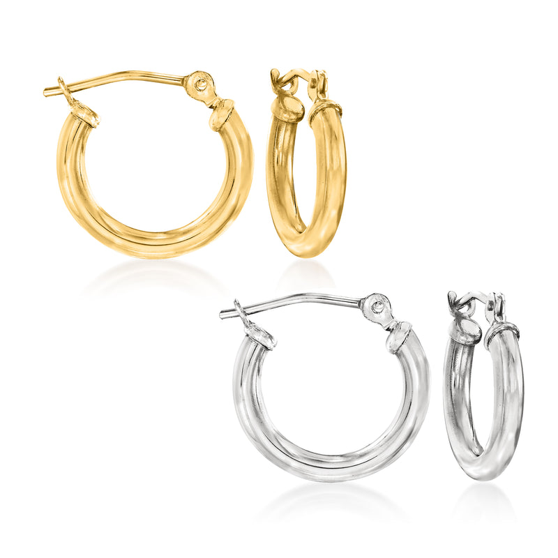 Two-tone huggie hoop earring set: 14kt yellow gold and sterling silver pairs