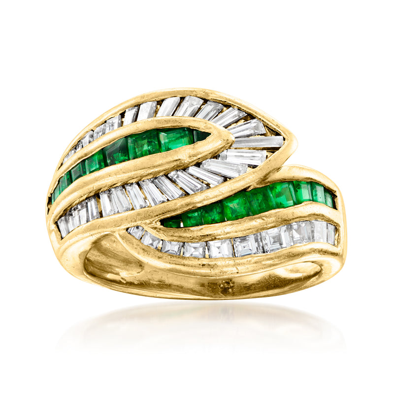 18kt yellow gold bypass ring with green emerald and clear diamond baguettes
