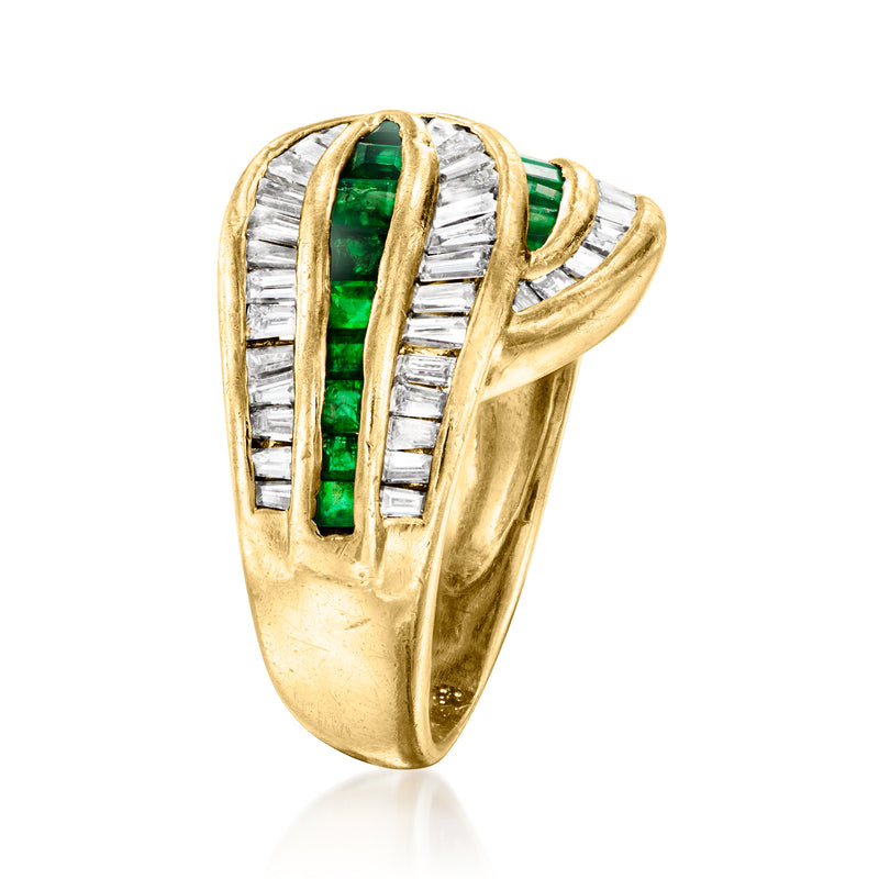 Yellow gold bypass ring side view with emerald-green center and diamond baguette rows