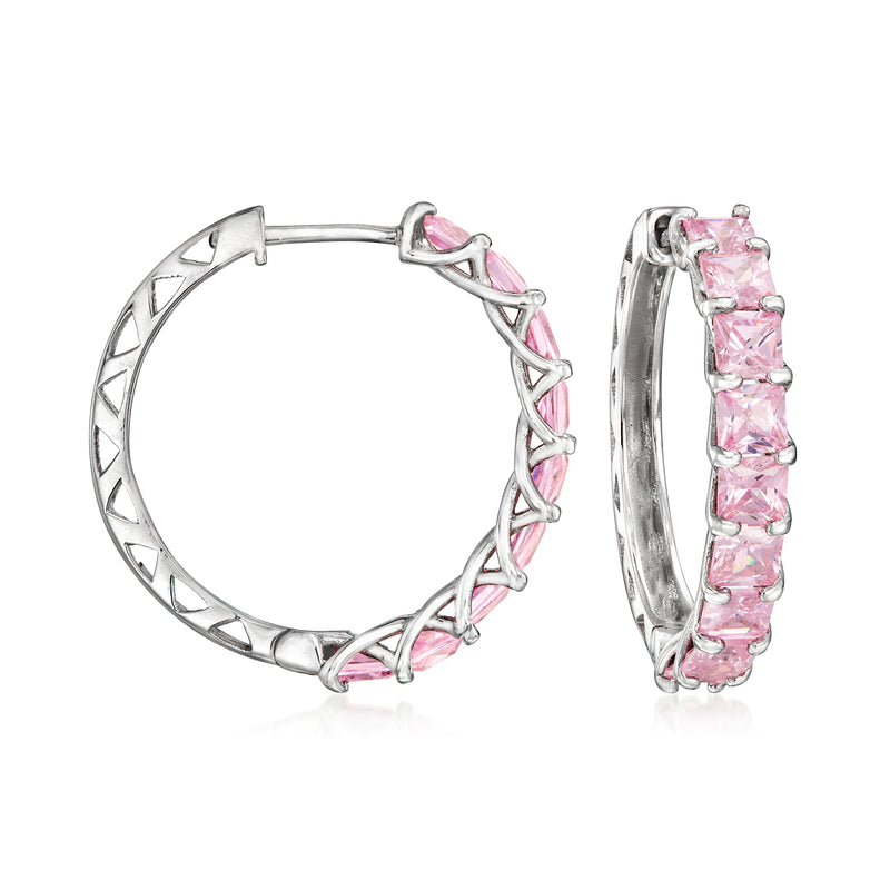 Sterling silver hoop earrings with pink simulated sapphire oval stones