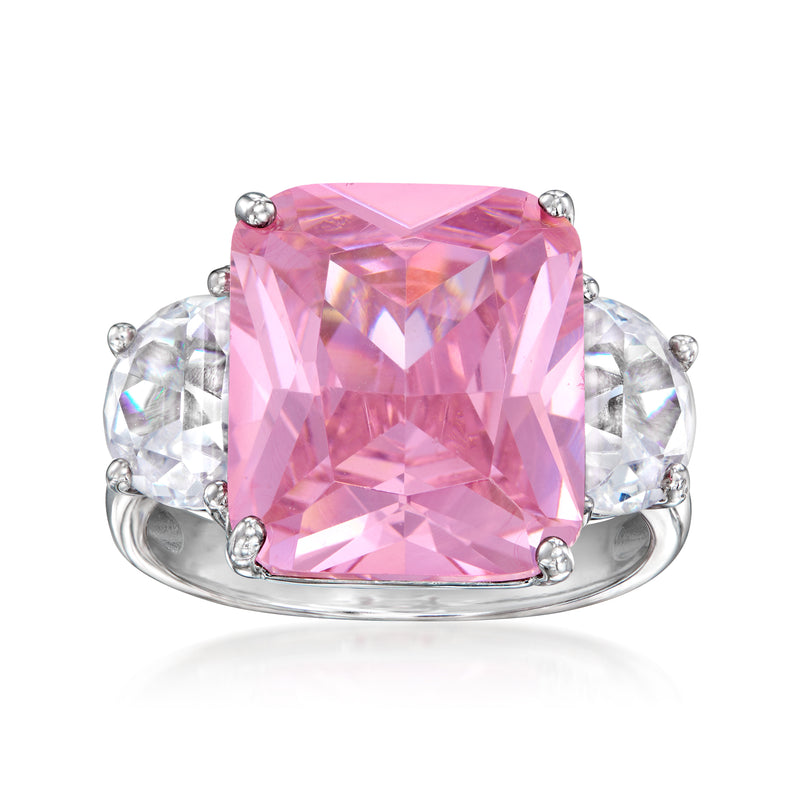 Sterling silver ring with large pink cushion-cut simulated sapphire and side CZ accents