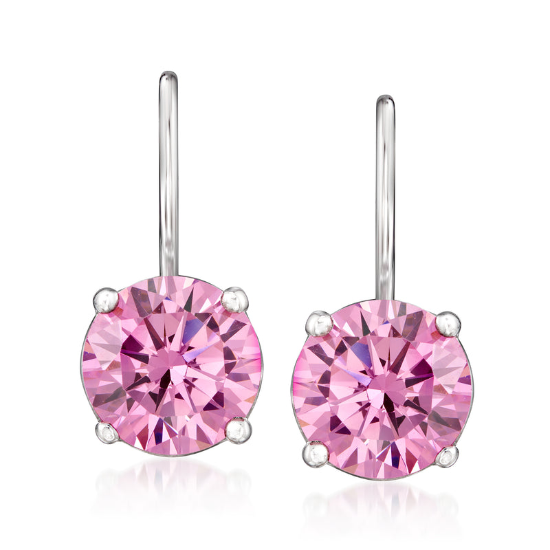 Sterling silver leverback drop earrings with round pink gemstone in prong setting