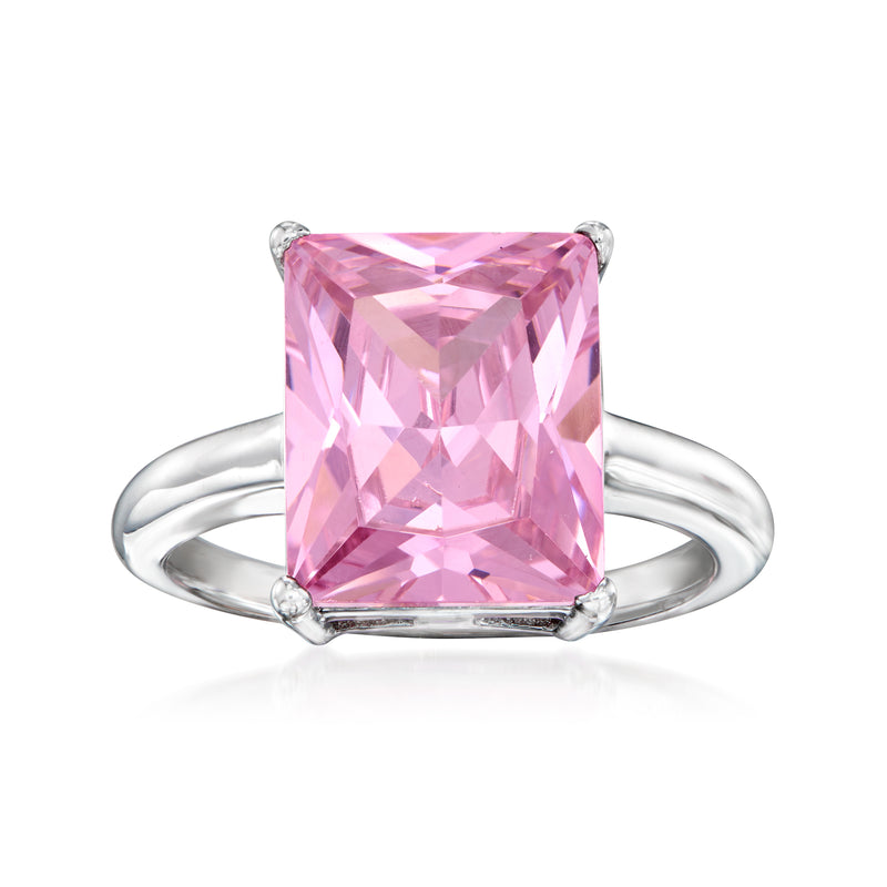 Sterling silver ring with square pink gemstone, prong-set