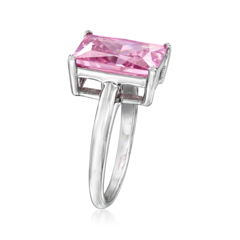 Sterling silver ring with square pink gemstone, angled prong-set design