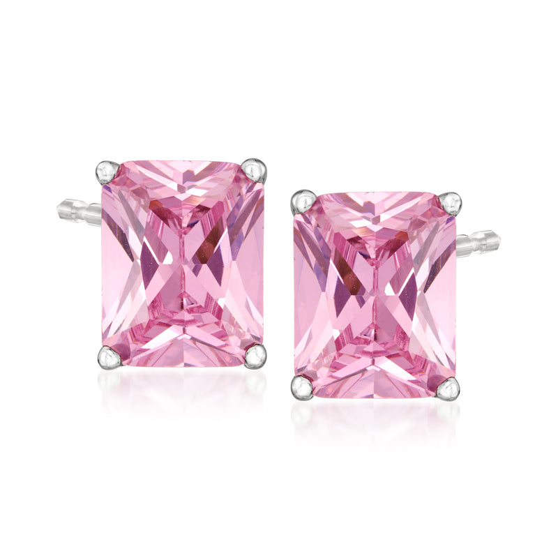 Sterling silver stud earrings with square pink crystal gemstones