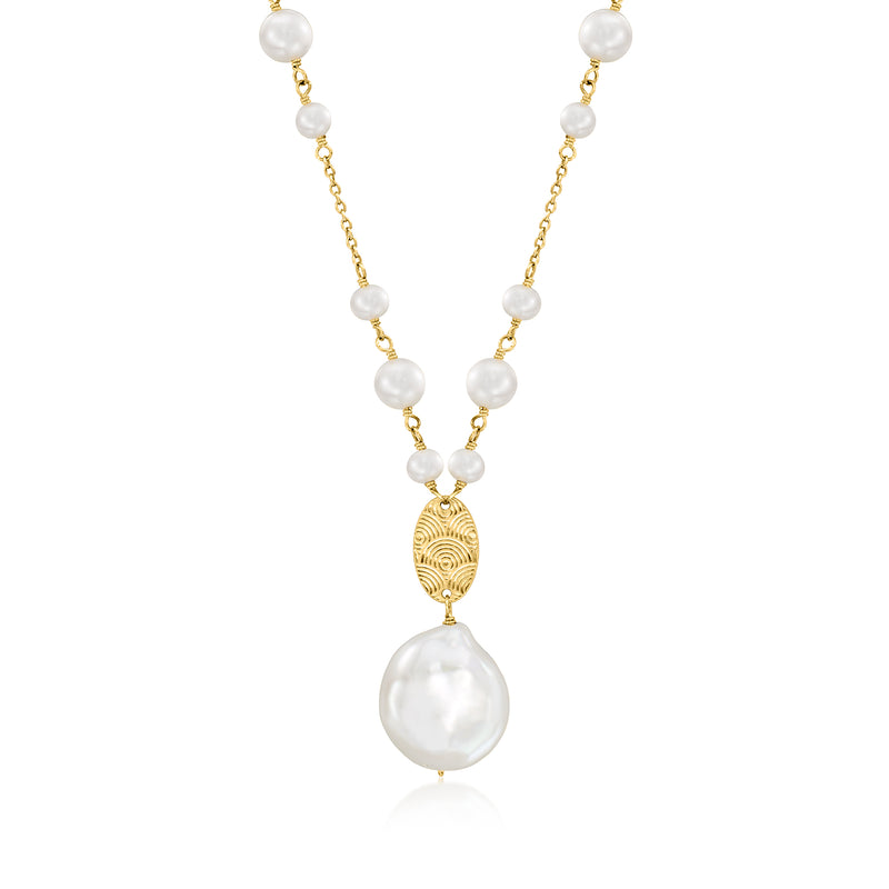 White cultured pearl station necklace with gold over sterling chain and coin pearl charm