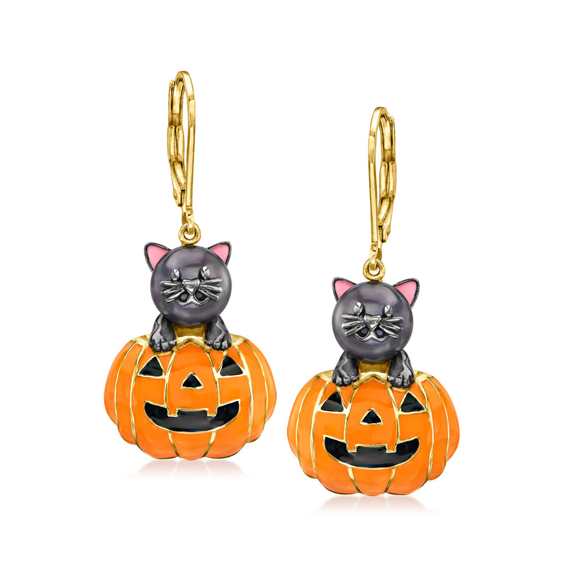 Gold leverback drop earrings with black cat and orange enamel pumpkin charms