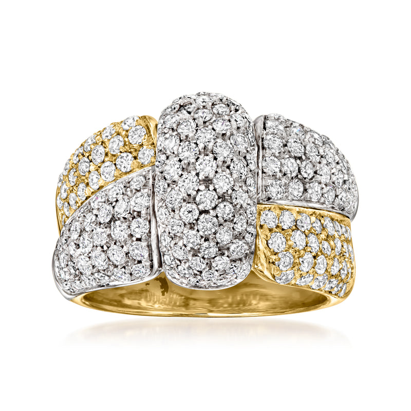 Two-tone diamond knot ring with clustered pave stones, yellow and white gold bands