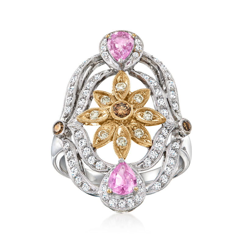 Two-tone gold floral ring with oval pink center gem and diamond-like accents