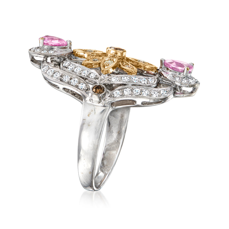Floral diamond and pink sapphire ring in two-tone gold
