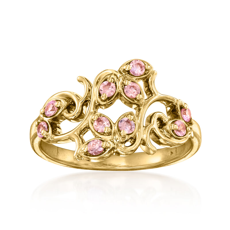 18kt yellow gold vine ring with oval pink sapphire gemstones in a cluster setting