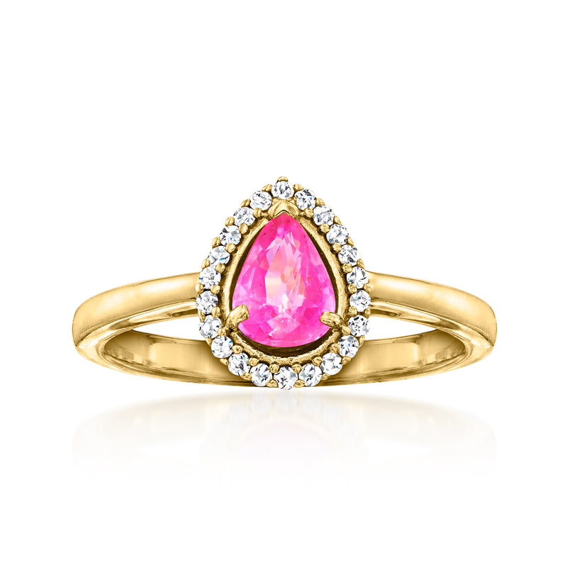 Teardrop pink sapphire ring in 18kt gold over sterling with diamond halo and band